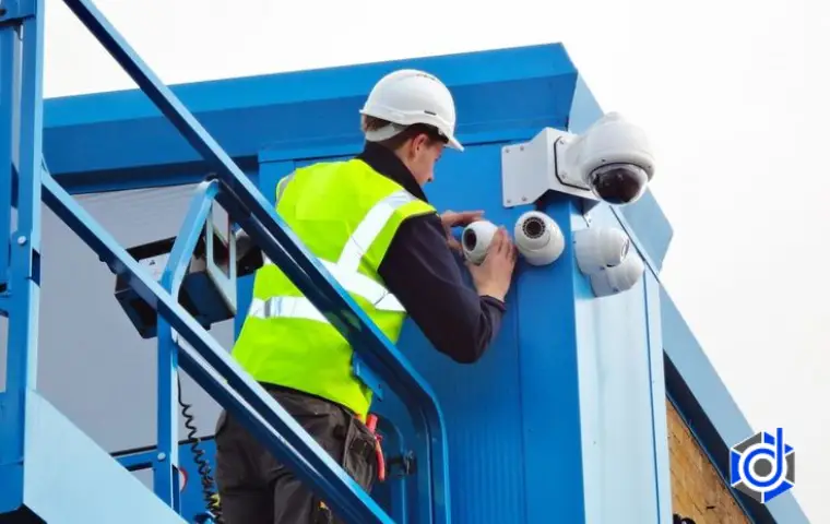 مهندسی در حال نصب دوربین مداربسته کرج روی دیوار آبی رنگ