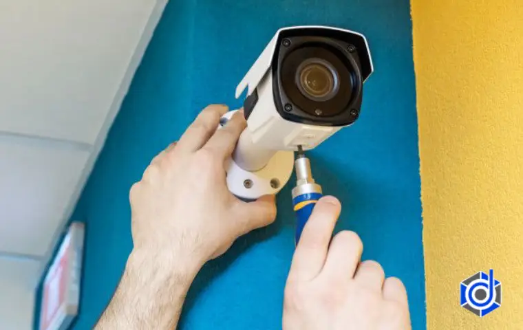 مردی در حال نصب دوربین مداربسته کرج روی دیوار آبی و زرد