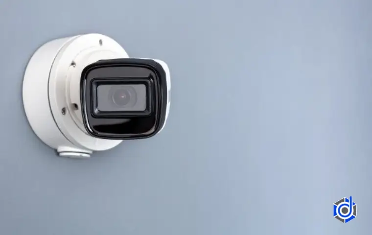 دوربین مداربسته به رنگ سفید و مشکی روی دیوار آبی