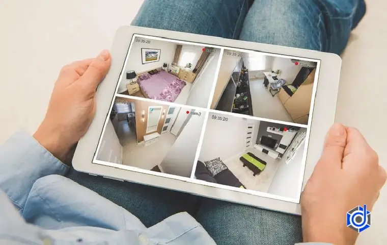 فردی در حال تماشای خانه با تصاویر ضبط شده‌ی دوربین مداربسته 