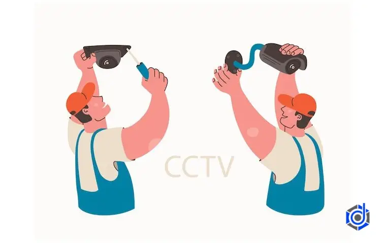 تصویر کارتونی از آقایی در حال نصب و تعمیر دوربین مداربسته 