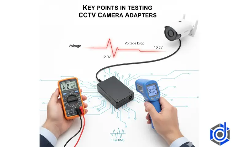 تصویری با نوشته نکات کلیدی در تست آداپتور دوربین‌های مداربسته 