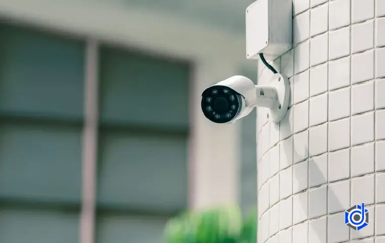 دوربین مداربسته به رنگ سفید روی دیوار با طرح کاشی